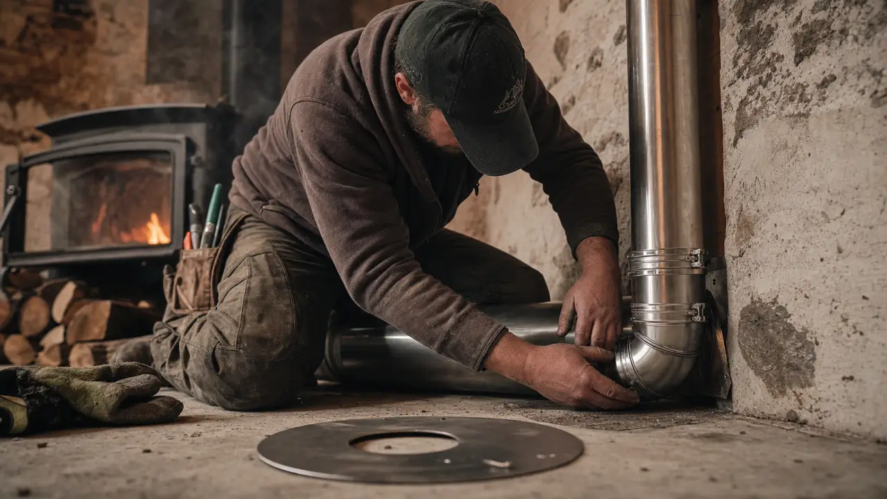 Poele a bois et tubage inox autour d’un conduit maçonné, diamètre 150 mm