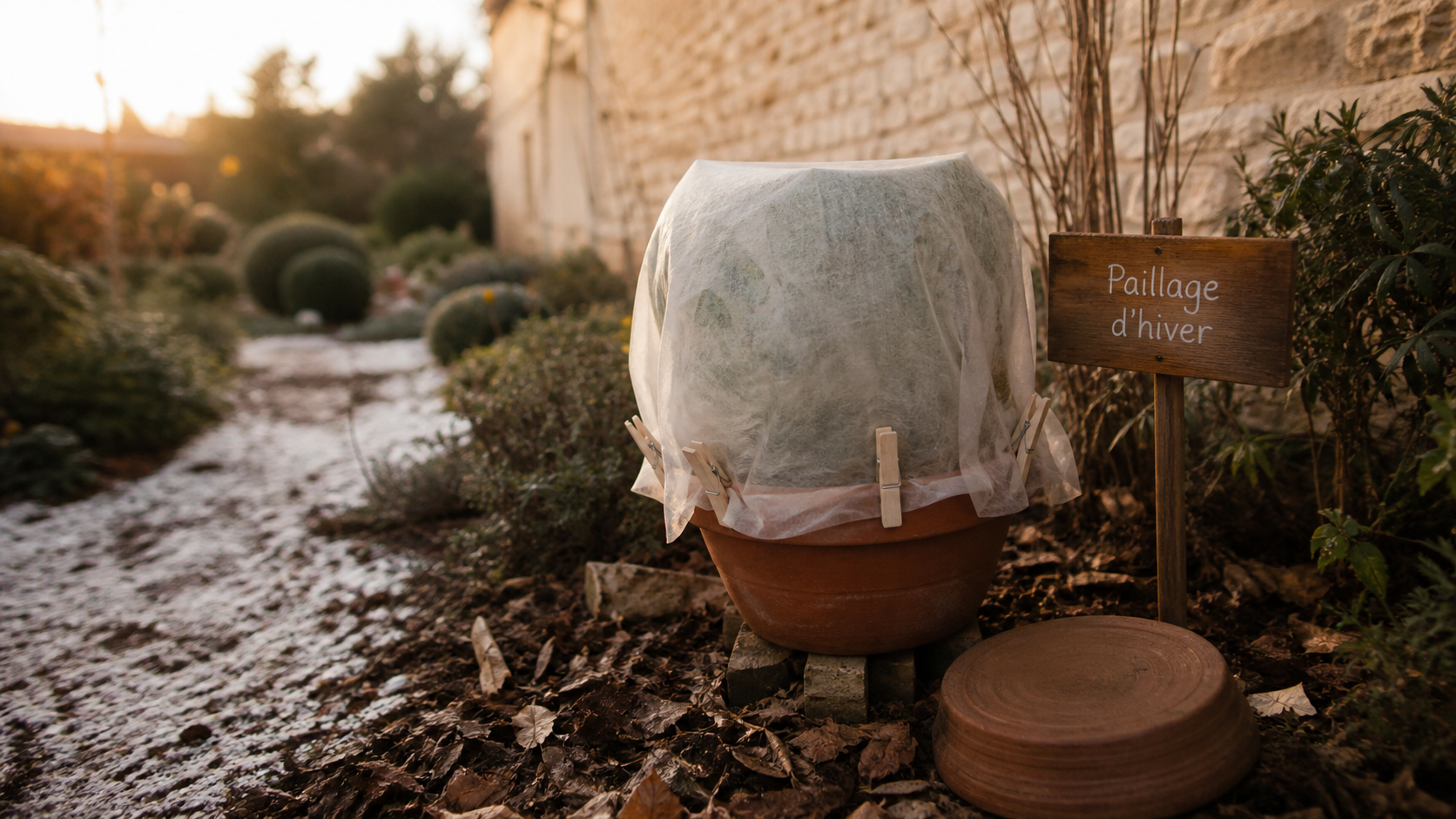 Que faire au jardin en hiver : pot protégé par voile d’hivernage et paillage de feuilles