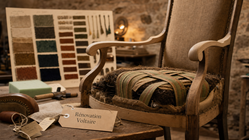 Rénovation fauteuil voltaire en atelier de tapisserie