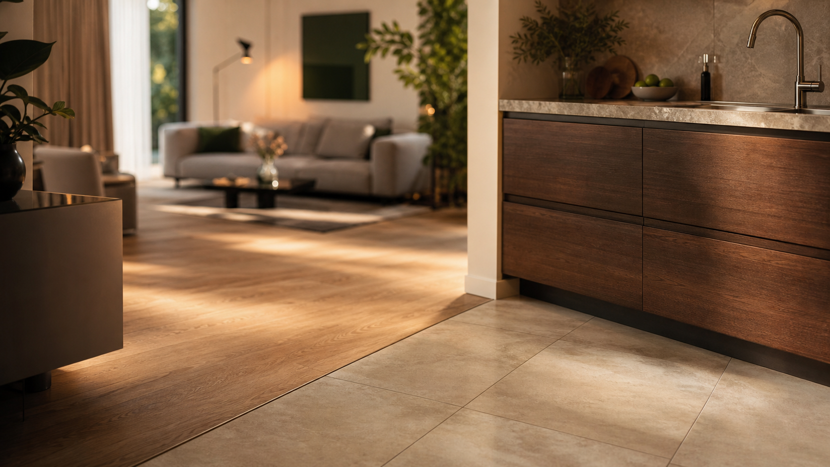 Jonction sol salon parquet cuisine carrelage, seuil discret