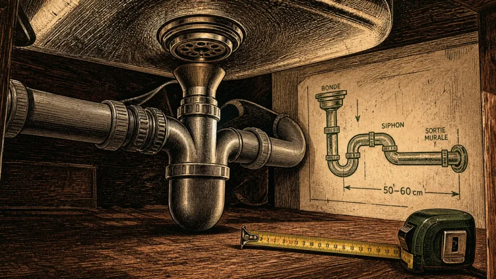 Schéma d’évacuation d’un évier de cuisine : 40 mm, sortie murale à 50–60 cm et erreurs à éviter
