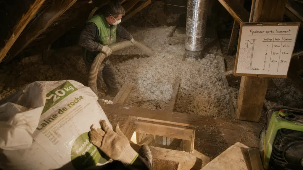Souffler la laine de roche en flocons : épaisseur après tassement