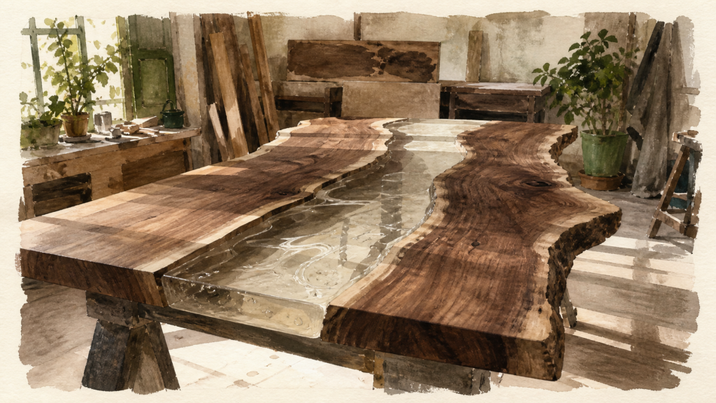 Table en resine époxy et bois massif live edge, rivière transparente