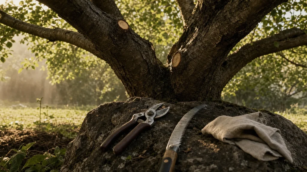 Tailler un cerisier adulte : branches coupées et outils désinfectés