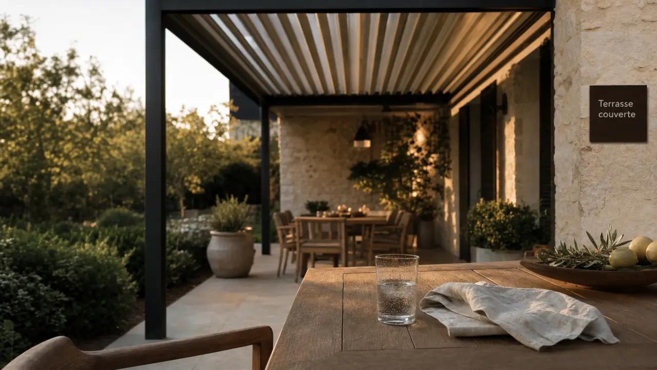 Terrasse couverte maison avec pergola aluminium et jardin