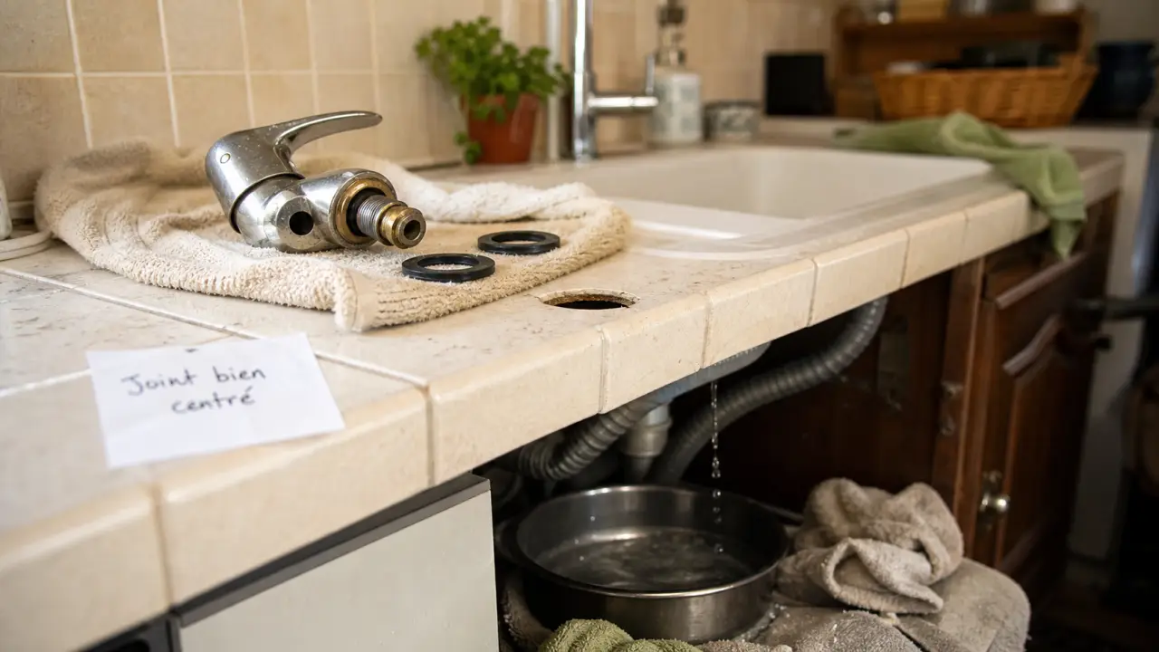 Changer un robinet de cuisine : ancien mitigeur démonté et joint bien centrée sous évier