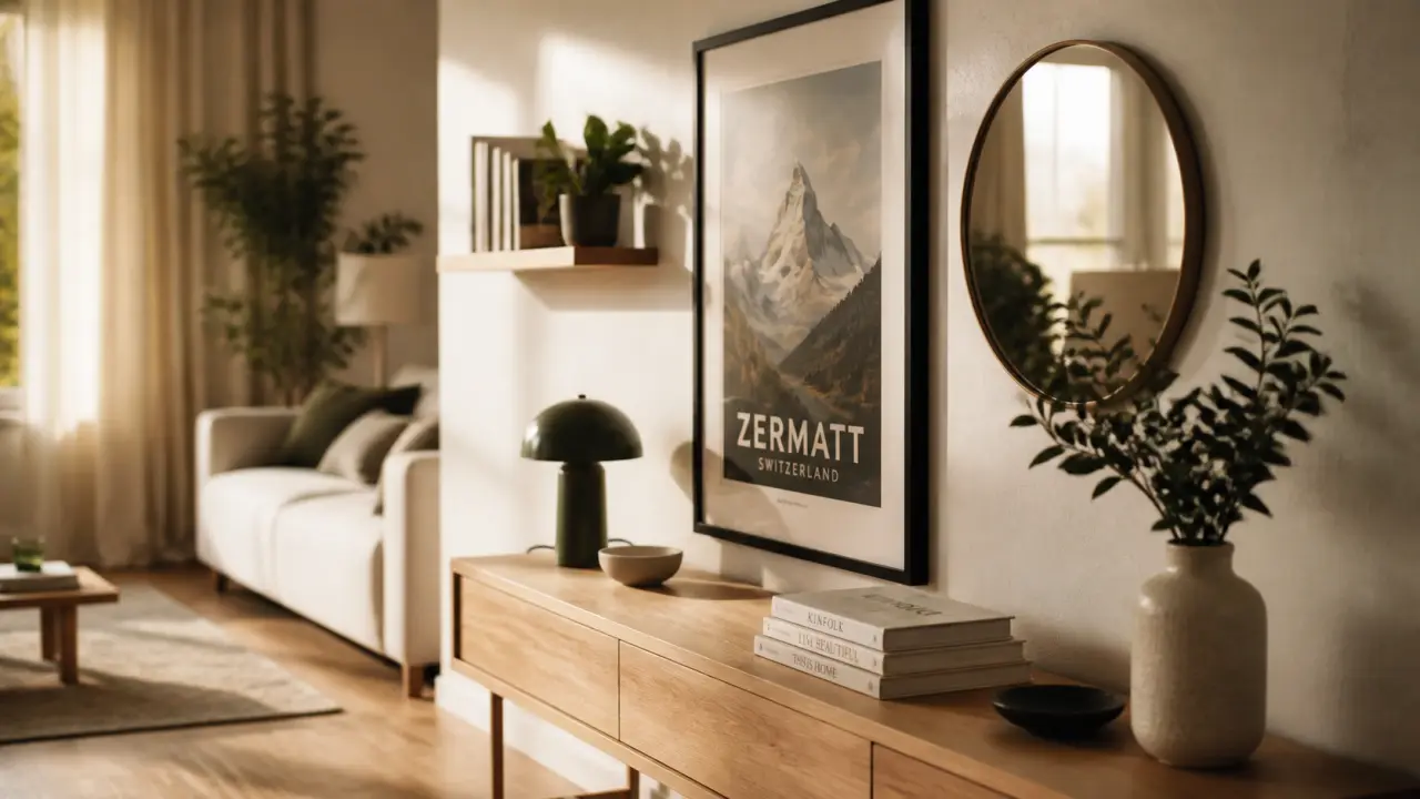 Décorer mur blanc : console bois clair, cadre noir mat et miroir rond lumineux
