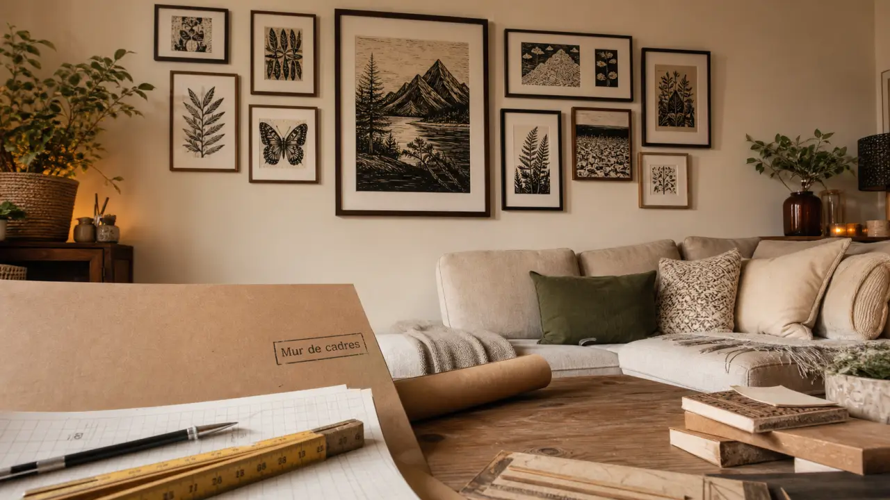 Disposition cadre mural : espacements réguliers et alignement sur un mur crème