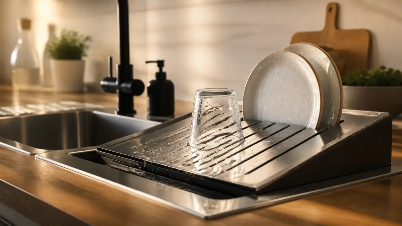 Egouttoir vaisselle design en inox noir, surface inclinée anti eau stagnante près de l’évier.