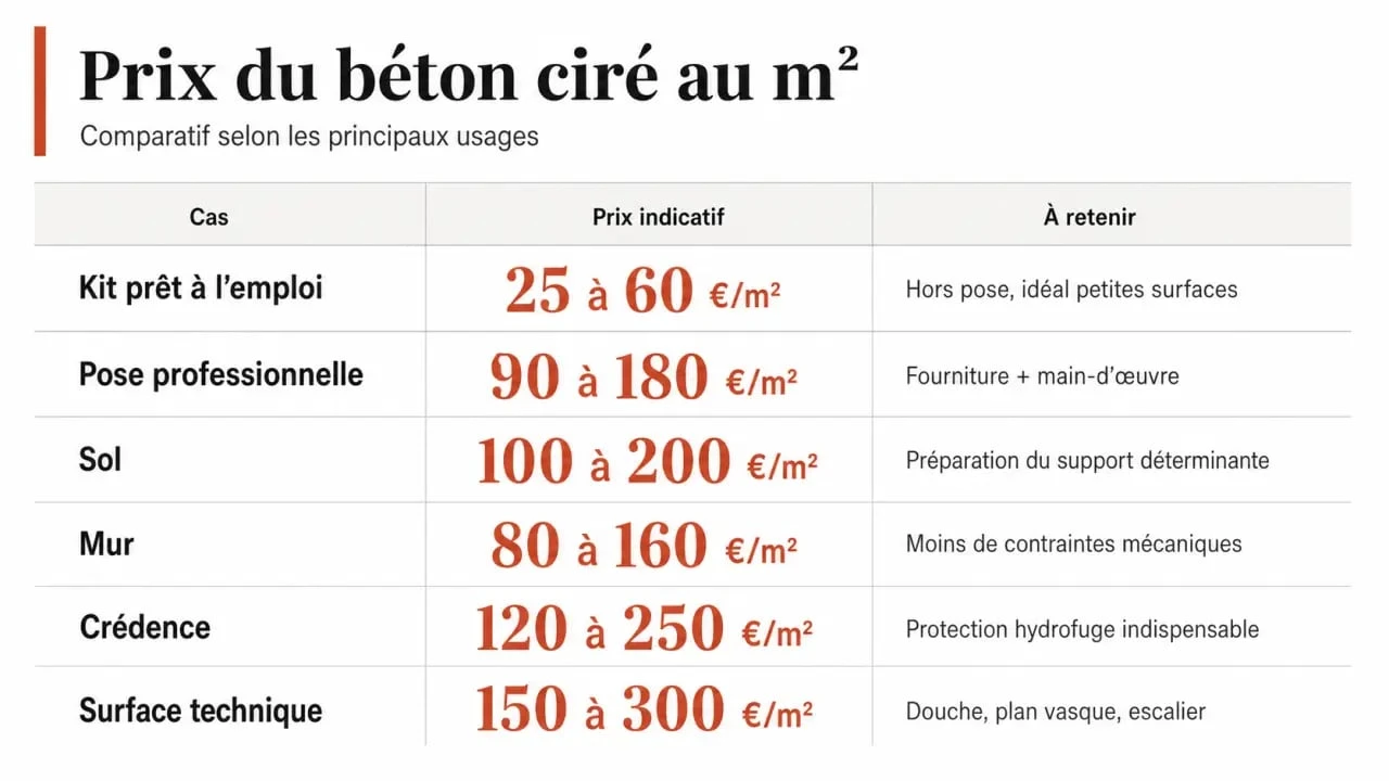 Prix du béton ciré au m2 : comparaison visuelle des tarifs selon kit, pose professionnelle et type de support