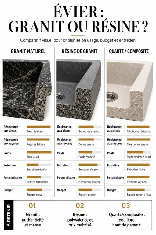 Évier granit ou resine : comparaison visuelle des matériaux, résistance, poids, entretien et prix