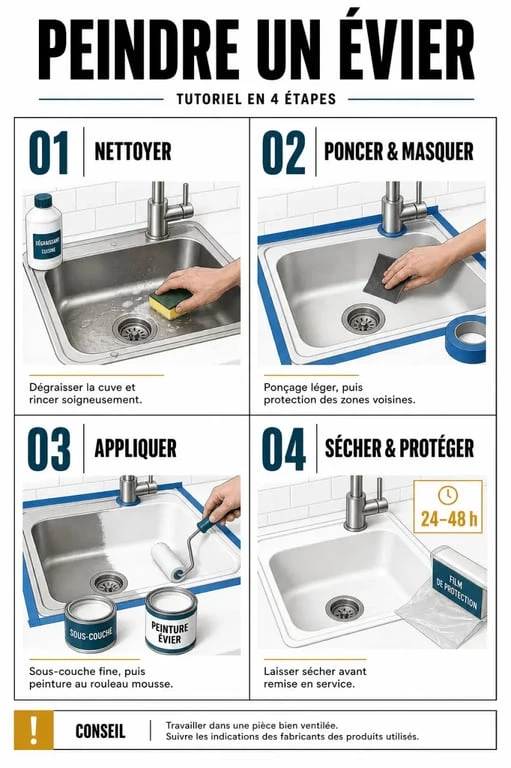 Peindre un evier : étapes de préparation, peinture et séchage dans une cuisine rénovée