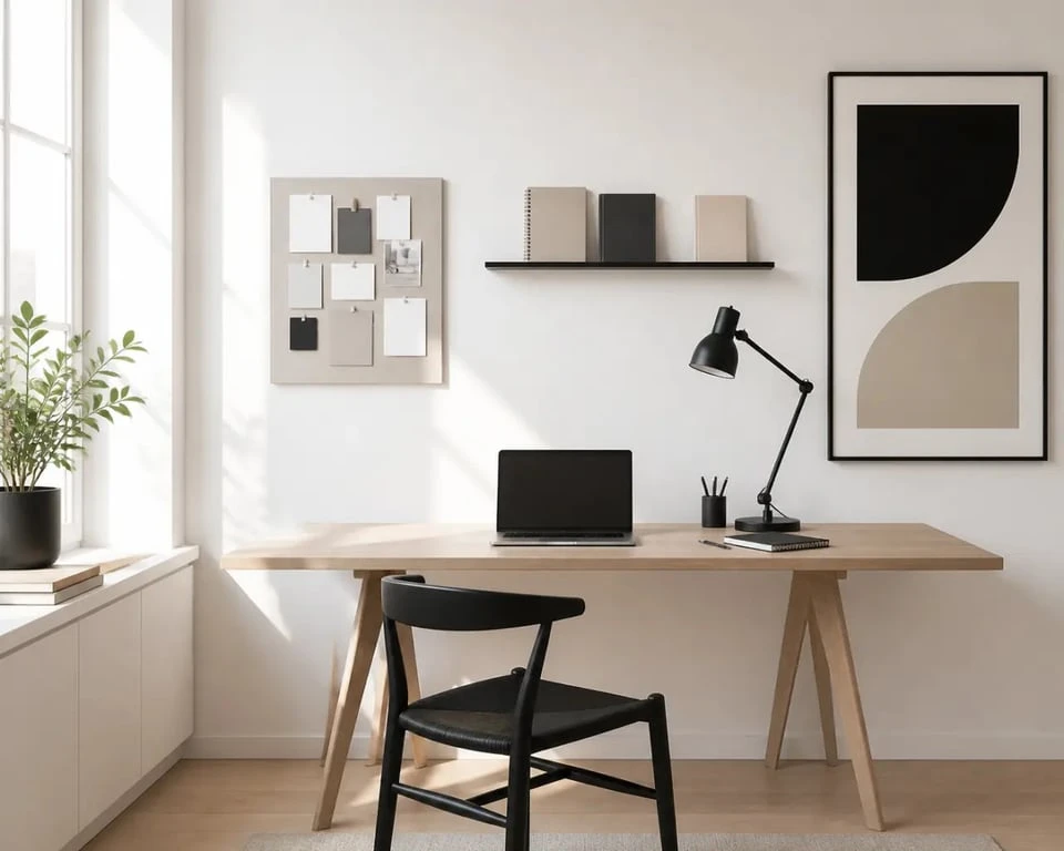 Décorer mur blanc dans un bureau avec panneau d’inspiration, étagère et lampe orientable