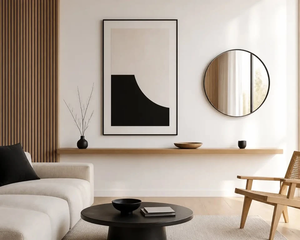 Décorer mur blanc dans un salon lumineux avec cadre, étagère flottante et miroir rond