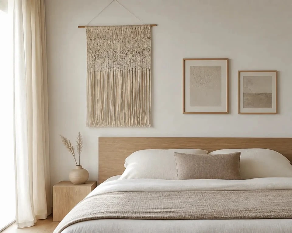 Décorer mur blanc dans une chambre avec tenture textile, bois clair et cadres sobres