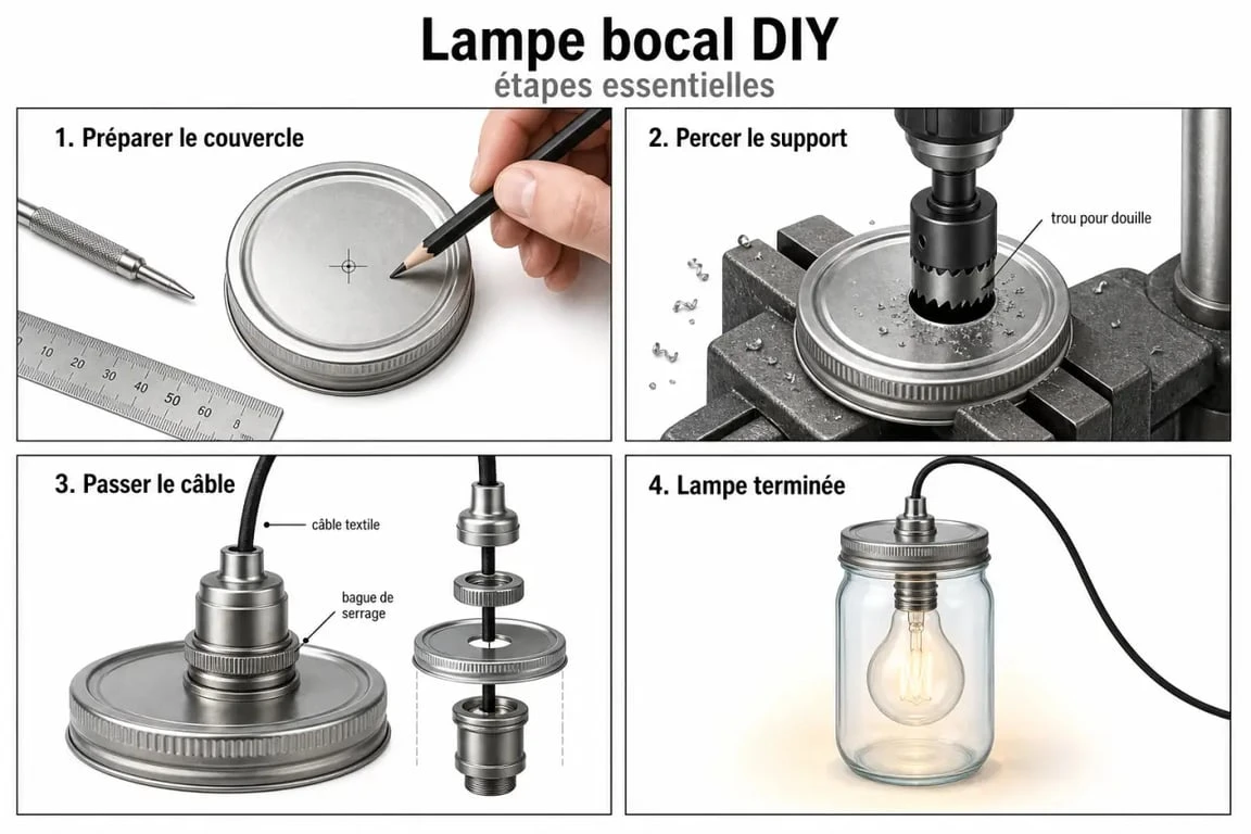 DIY lampe en bocal en verre étape par étape, du montage à la lampe finale