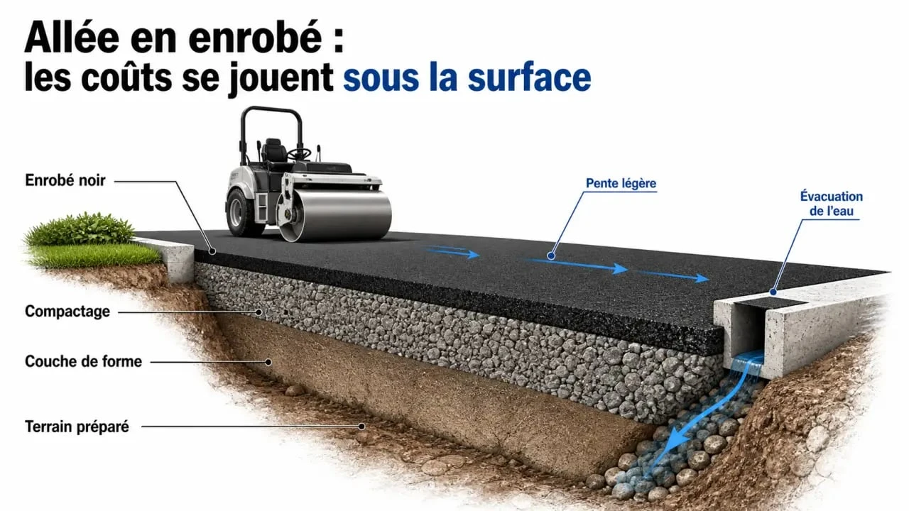 Enrobé prix m2 : schéma des couches et de la préparation du sol avant pose