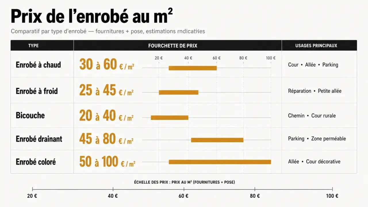 Enrobé prix m2 : comparaison des types d’enrobé et des fourchettes de tarifs au m²