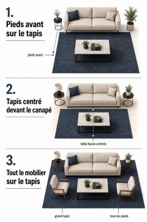 Tapis dans salon : trois positions possibles par rapport au canapé et à la table basse