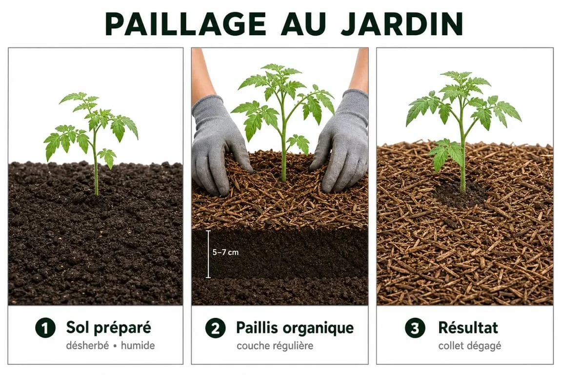 Jardinage paillage : étapes de pose du paillis autour d’une plante avec sol humide et collet dégagé