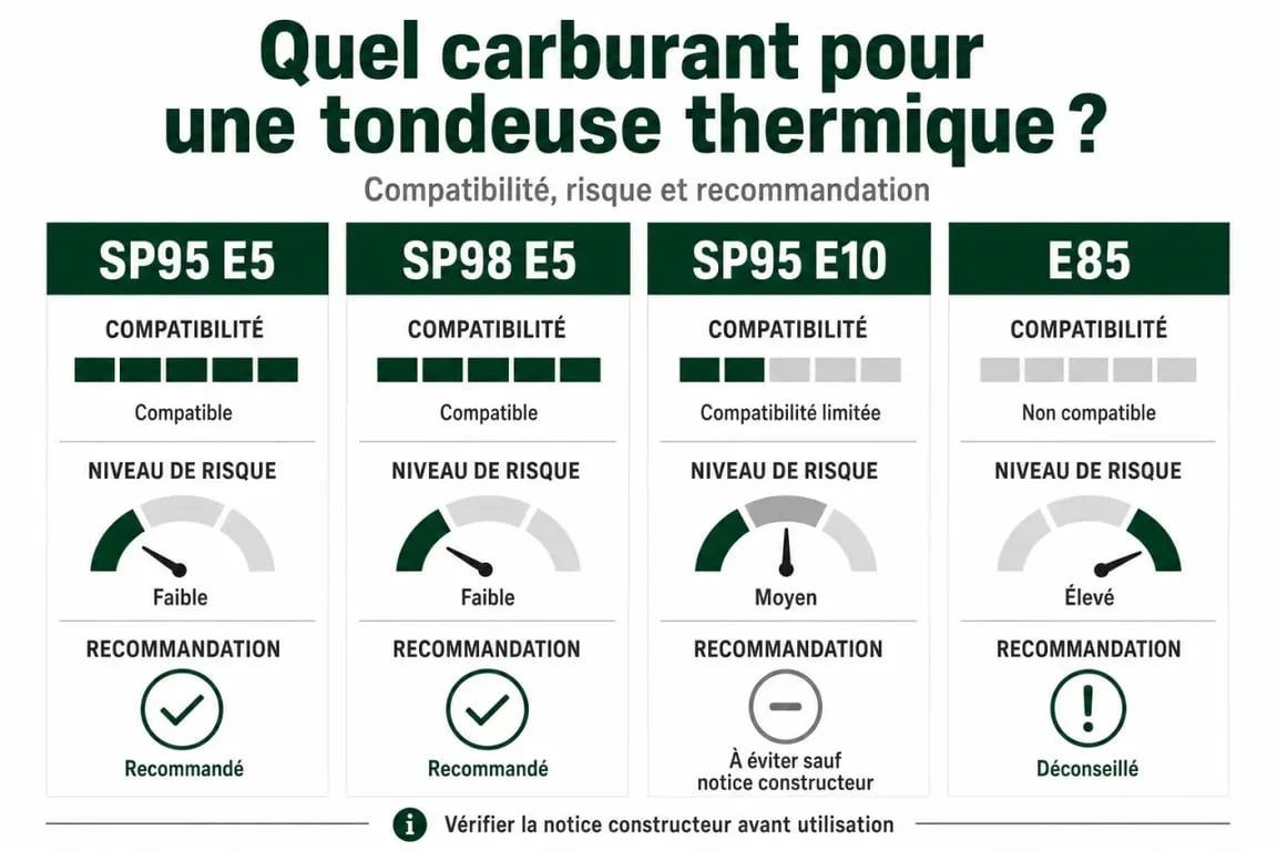 Infographie comparative essence tondeuse 95 ou 98 : SP95 E5, SP98 E5, SP95 E10 et E85