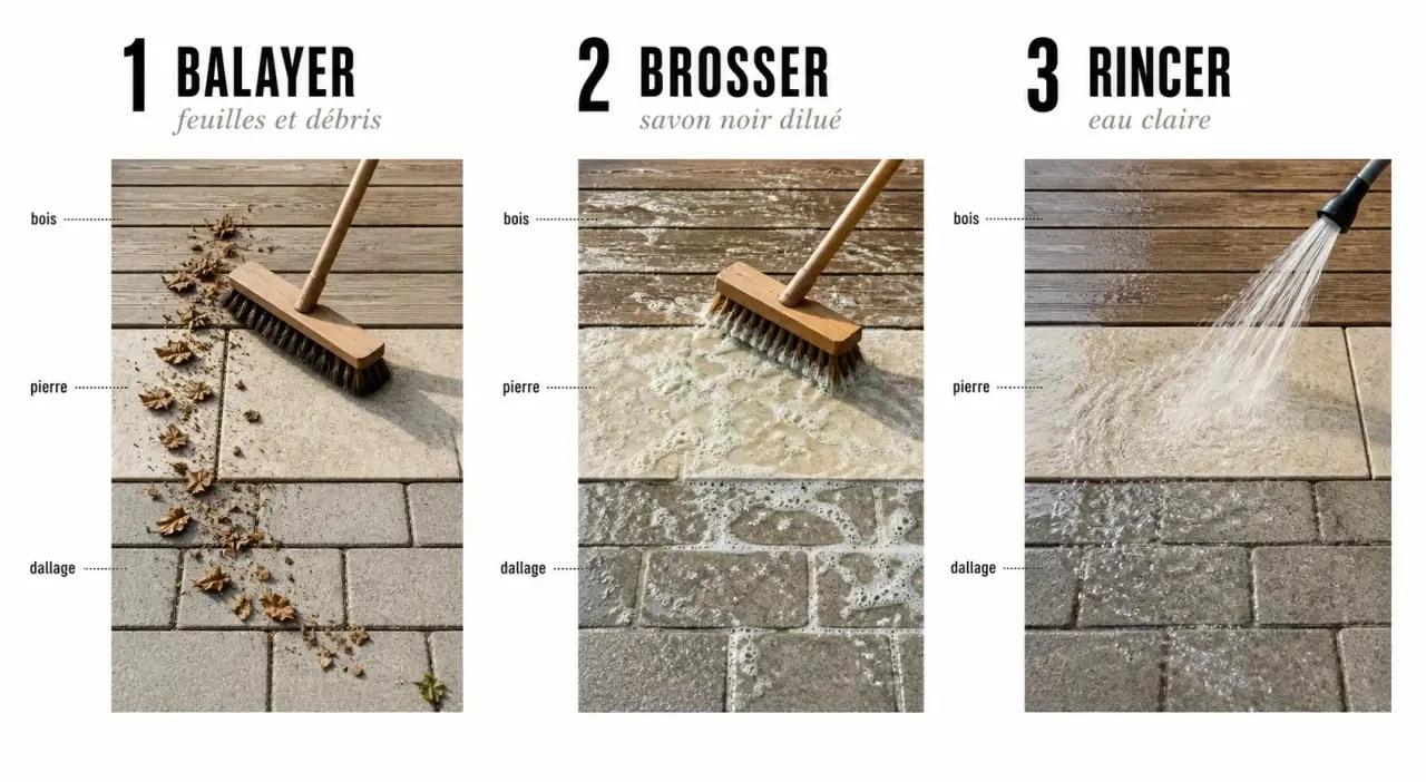 Terrasse nettoyage en trois étapes avec balayage, brossage au savon noir et rinçage à l’eau claire