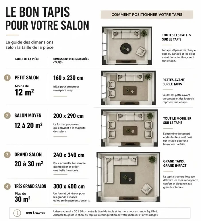 Infographie des dimensions recommandées pour un tapis style industriel dans un salon