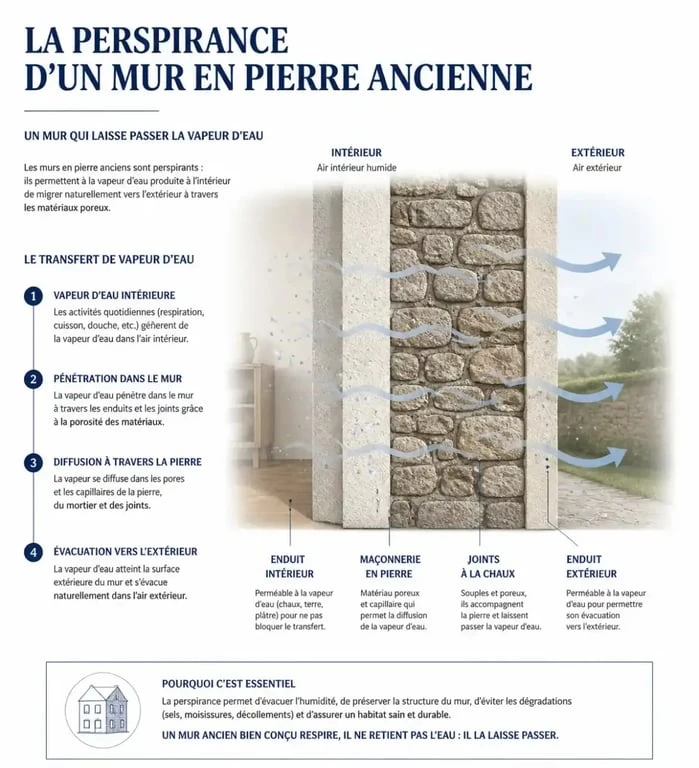 Schéma explicatif de la perspirance et de la gestion de l'humidité pour isoler une maison en pierre