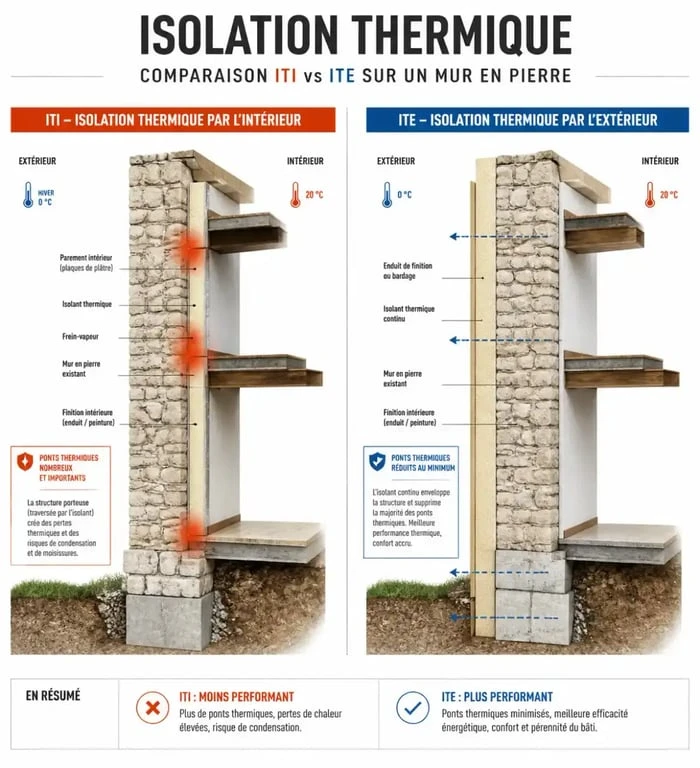 Comparaison technique entre isolation thermique par l'intérieur et l'extérieur pour isoler une maison en pierre