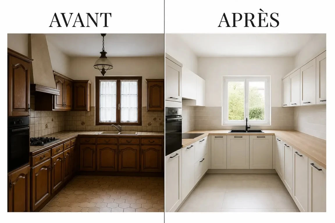 Relooker une cuisine ancienne : avant/après d’une cuisine sombre transformée avec façades claires et crédence sobre