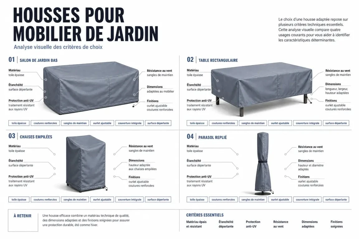 Housse pour mobilier de jardin : comparaison visuelle des critères de protection, étanchéité et résistance