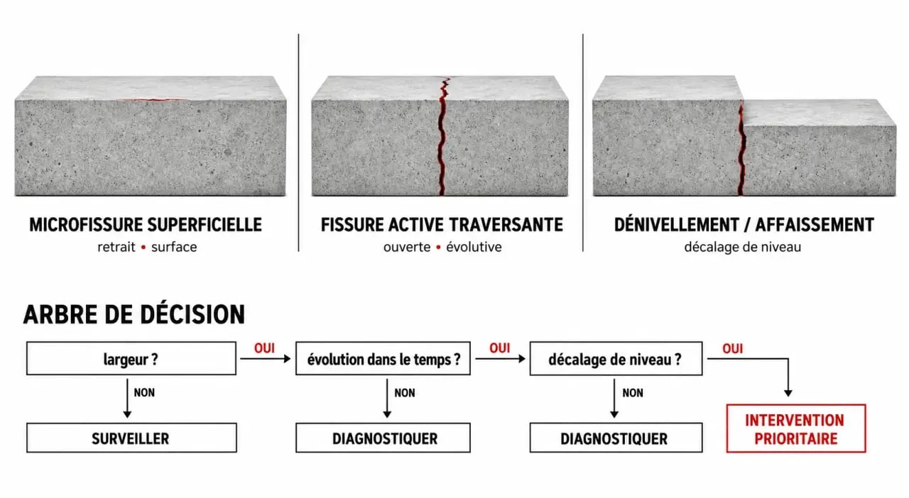 Dalle béton qui fissure au séchage : schéma des fissures superficielles, actives et structurelles