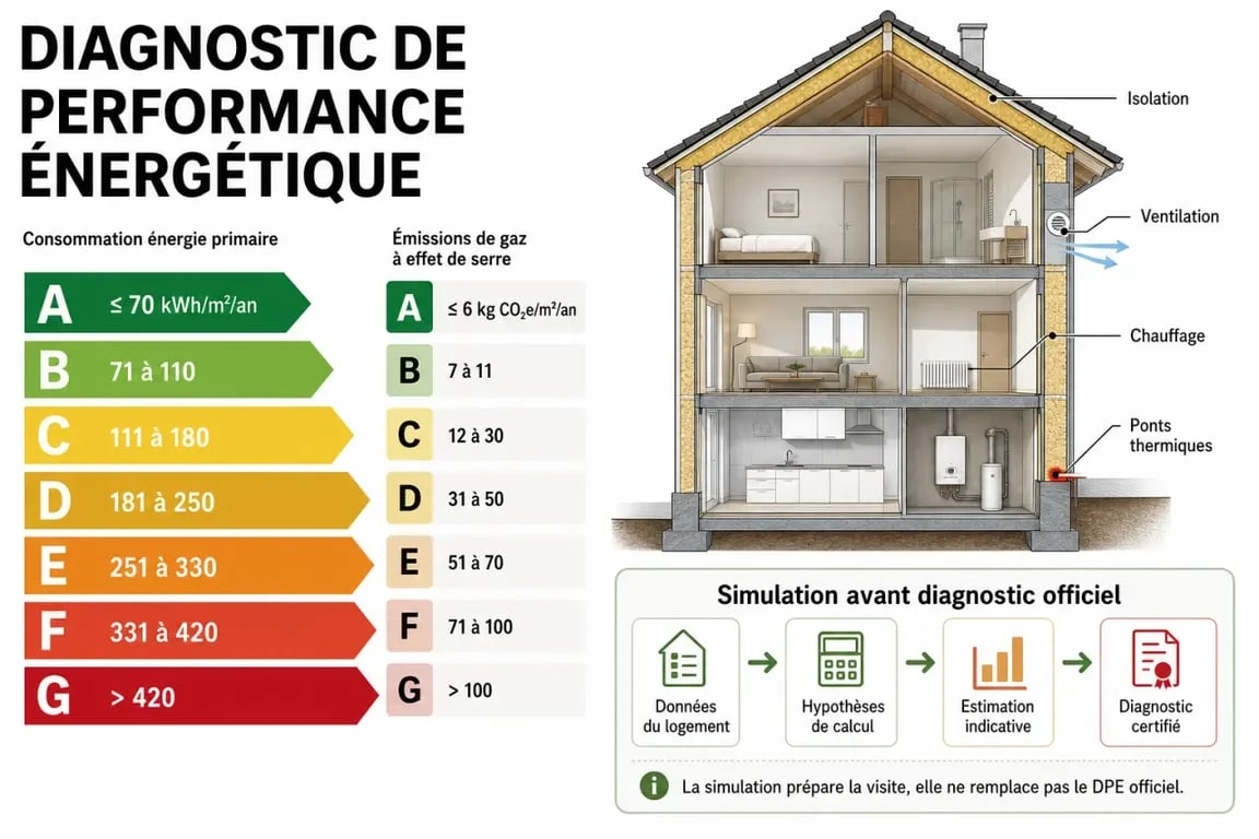 Simulateur diagnostic dpe habitats durables avec échelle énergétique A à G et repères de rénovation