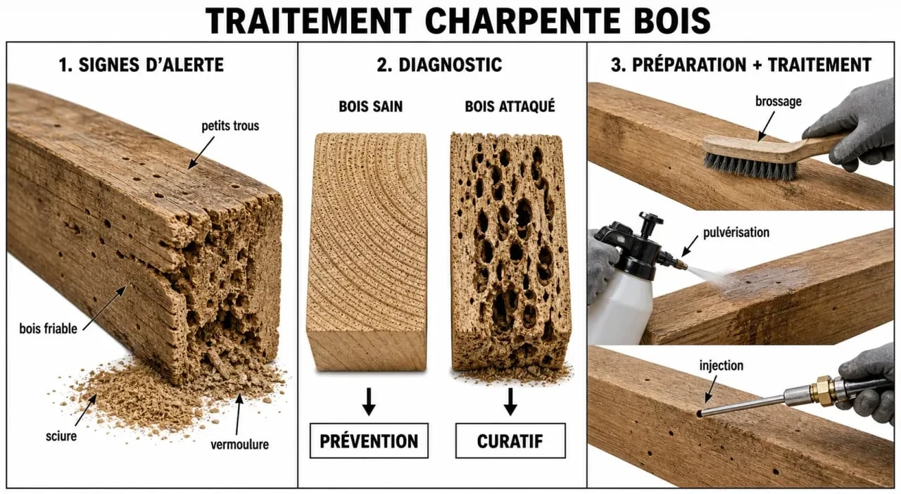 Traitement charpente bois : signes d’attaque, choix préventif ou curatif et application par injection ou pulvérisation