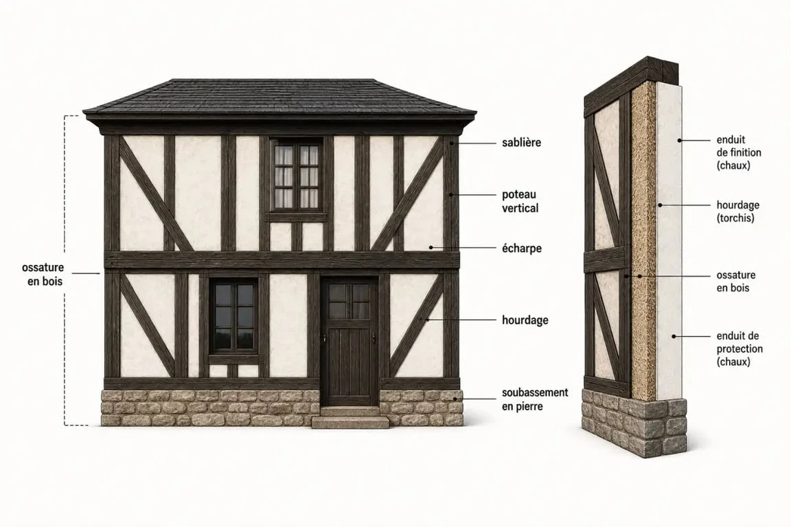 Maison en colombages avec schéma annoté des éléments de structure