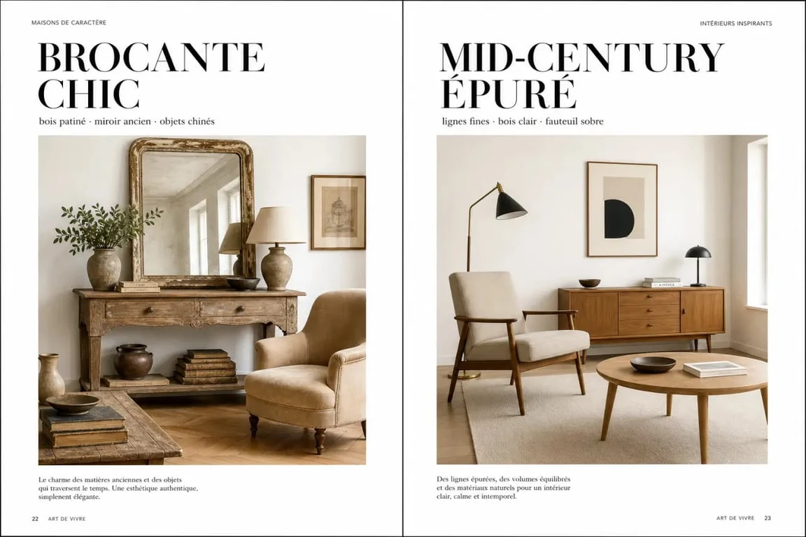 Comparaison d’ambiances pour salon vintage deco entre brocante chic et mid-century
