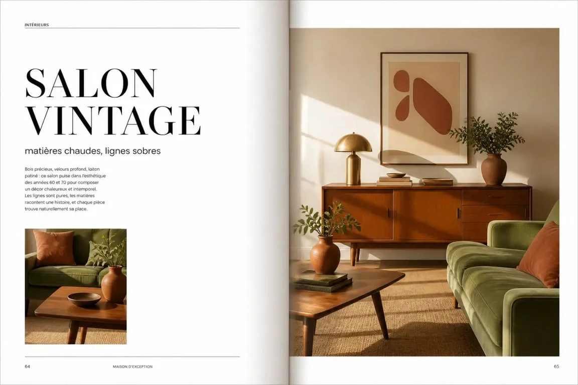 Salon vintage deco chaleureux avec canapé en velours, buffet en teck et lampe en laiton