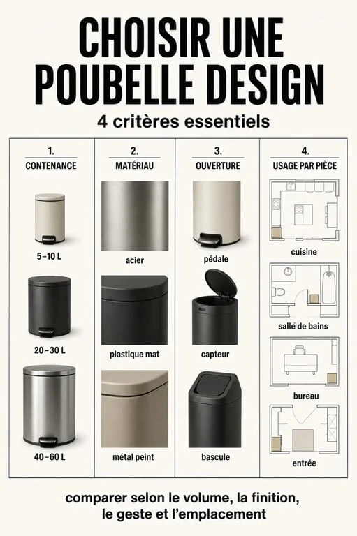Comparatif des poubelles design selon la capacité, le matériau et le type d’ouverture