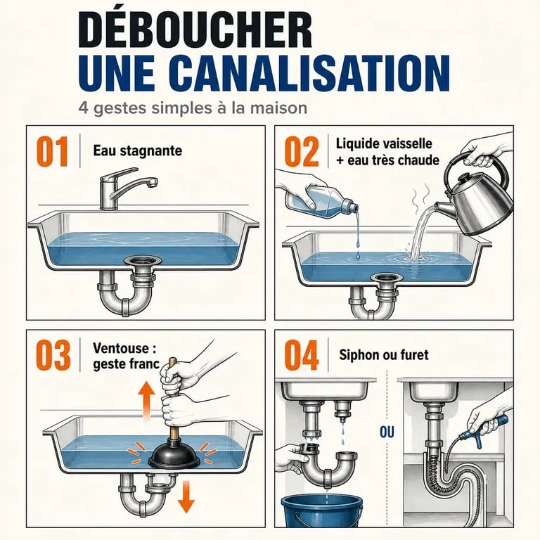 Comment déboucher canalisation : étapes simples avec eau chaude, ventouse, siphon et furet