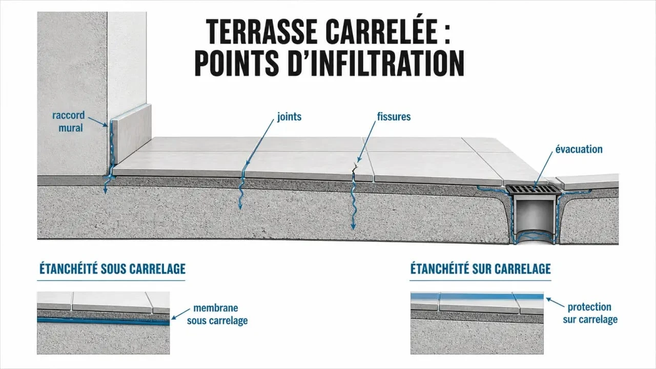 Étanchéité sur carrelage terrasse : schéma des points faibles et des solutions sous carrelage ou sur carrelage