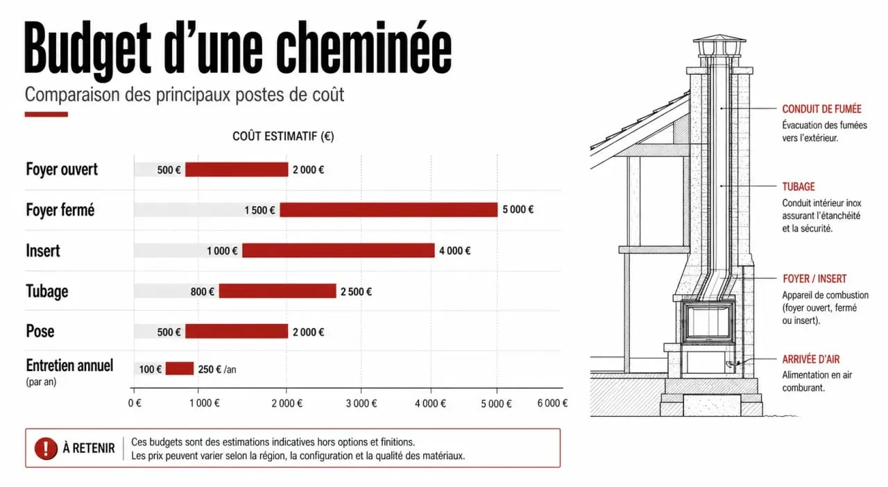 Infographie du devis pour cheminée avec comparaison des prix entre foyer ouvert, foyer fermé, insert, tubage et entretien annuel