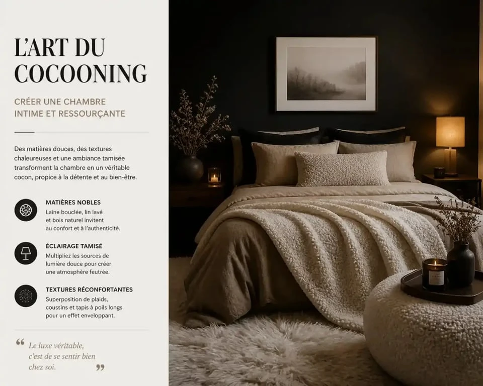 Chambre noire et blanche style cocooning avec mur d'accent noir