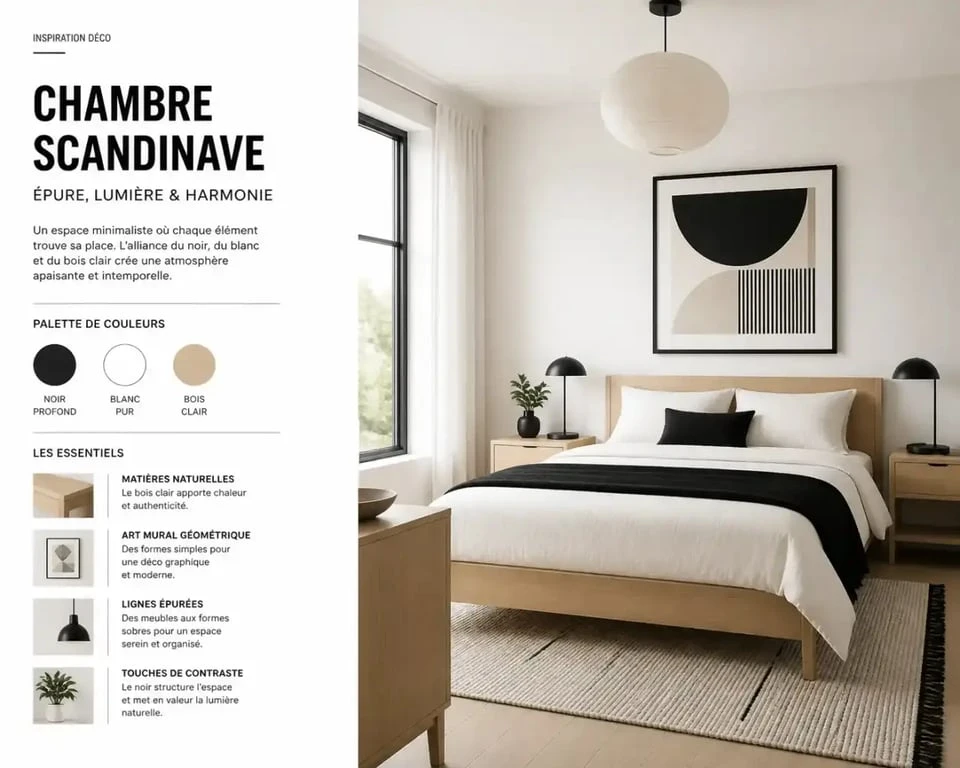 Chambre noire et blanche style scandinave avec touches de bois