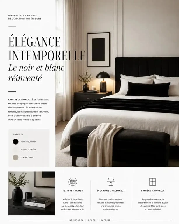 Chambre noire et blanche élégante avec textures douces et éclairage chaleureux
