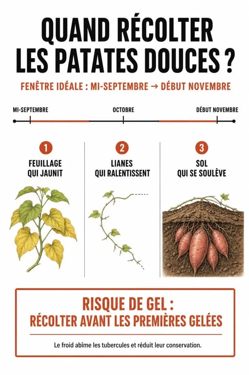Quand récolter les patates douces : infographie des signes de maturité et de la fenêtre avant gel