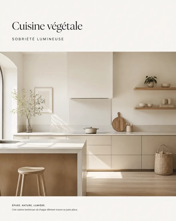 Cuisine tropicale, végétale ou voyage : cuisine végétale minimaliste aux tons clairs, bois et plantes discrètes