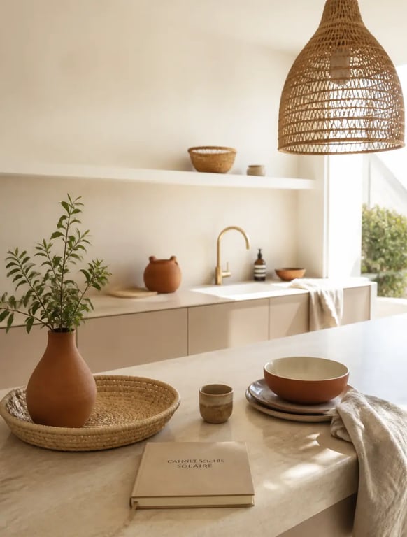 Cuisine tropicale, végétale ou voyage : cuisine inspirée du voyage avec terracotta, rotin et vaisselle artisanale
