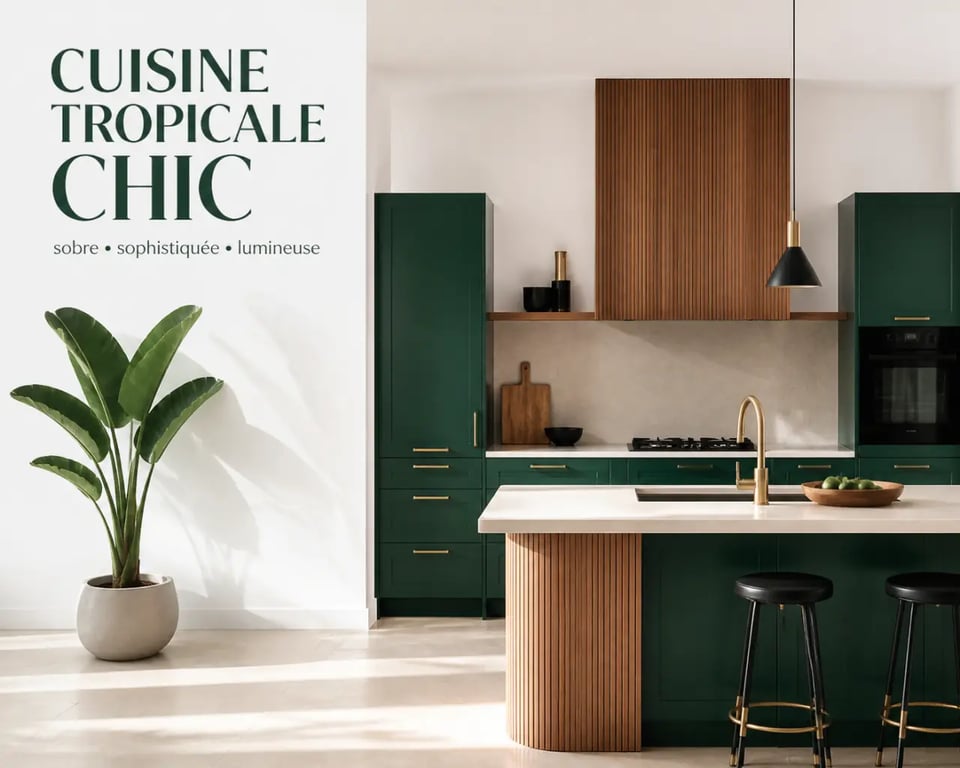 Cuisine tropicale, végétale ou voyage : cuisine tropical chic aux verts profonds, bois naturel et touches de laiton