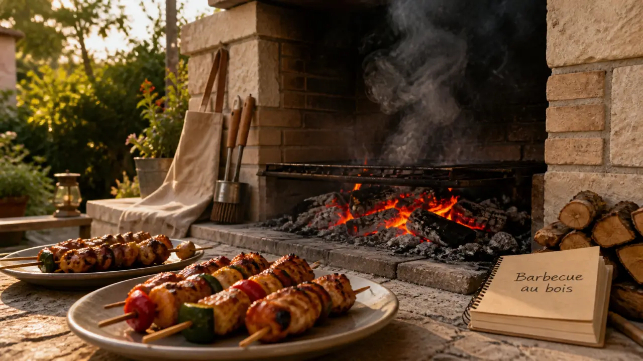 Faire un barbecue maison : barbecue en briques, braises et grille fumante sur terrasse