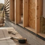 Mur à ossature bois en montage : lisse, montants OSB et isolant